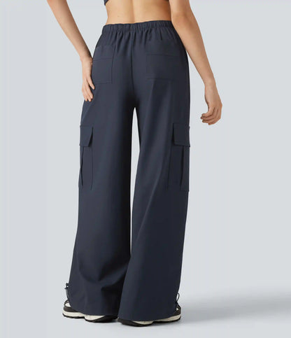 Water Repellent Wear-Resistant Mid Rise Drawstring Baggy Casual Cargo Pants with Pockets