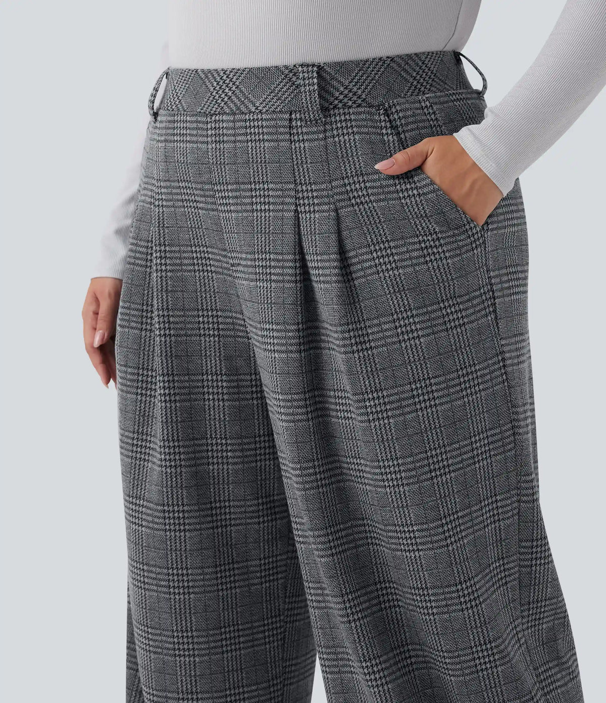 Plus Size High Waisted Wide Leg Houndstooth Plaid Casual Pants with Pockets