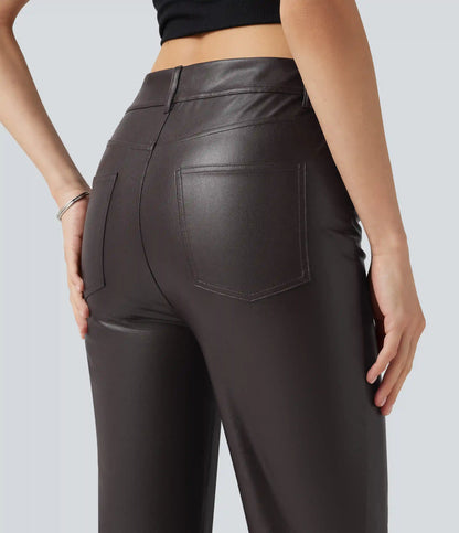 Mid Rise Stretchy PU Bootcut Casual Pants with Pockets