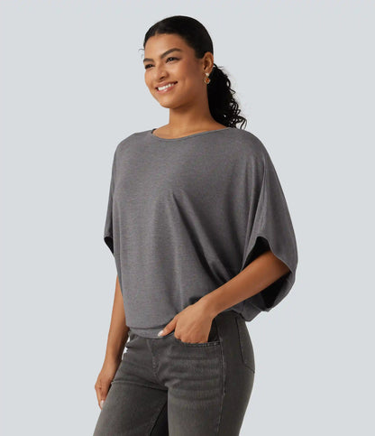 Round Neck Batwing Sleeve Relaxed Casual Top