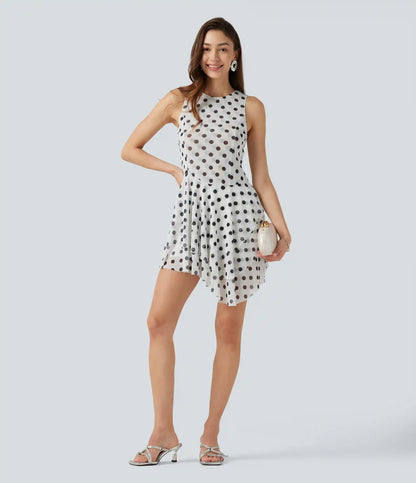Round Neck Sleeveless Asymmetric Layered 2-Piece Polka Dot Mini Dress with Pocket