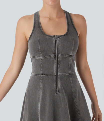 Halara Flex™ Racerback Sleeveless Half Zipper Mini Washed Denim Casual Dress