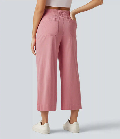 High Waisted Wide Leg Cropped Casual Stretch Linen Pants with Pockets