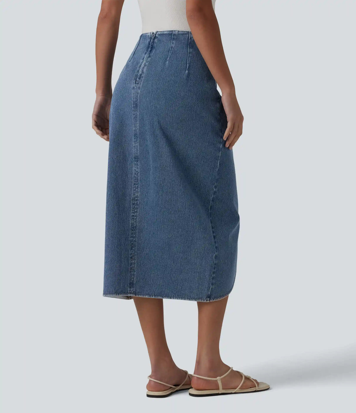 Halara Flex™ High Waisted Back Zipper Ruched Tulip Hem Midi Washed Denim Casual Skirt