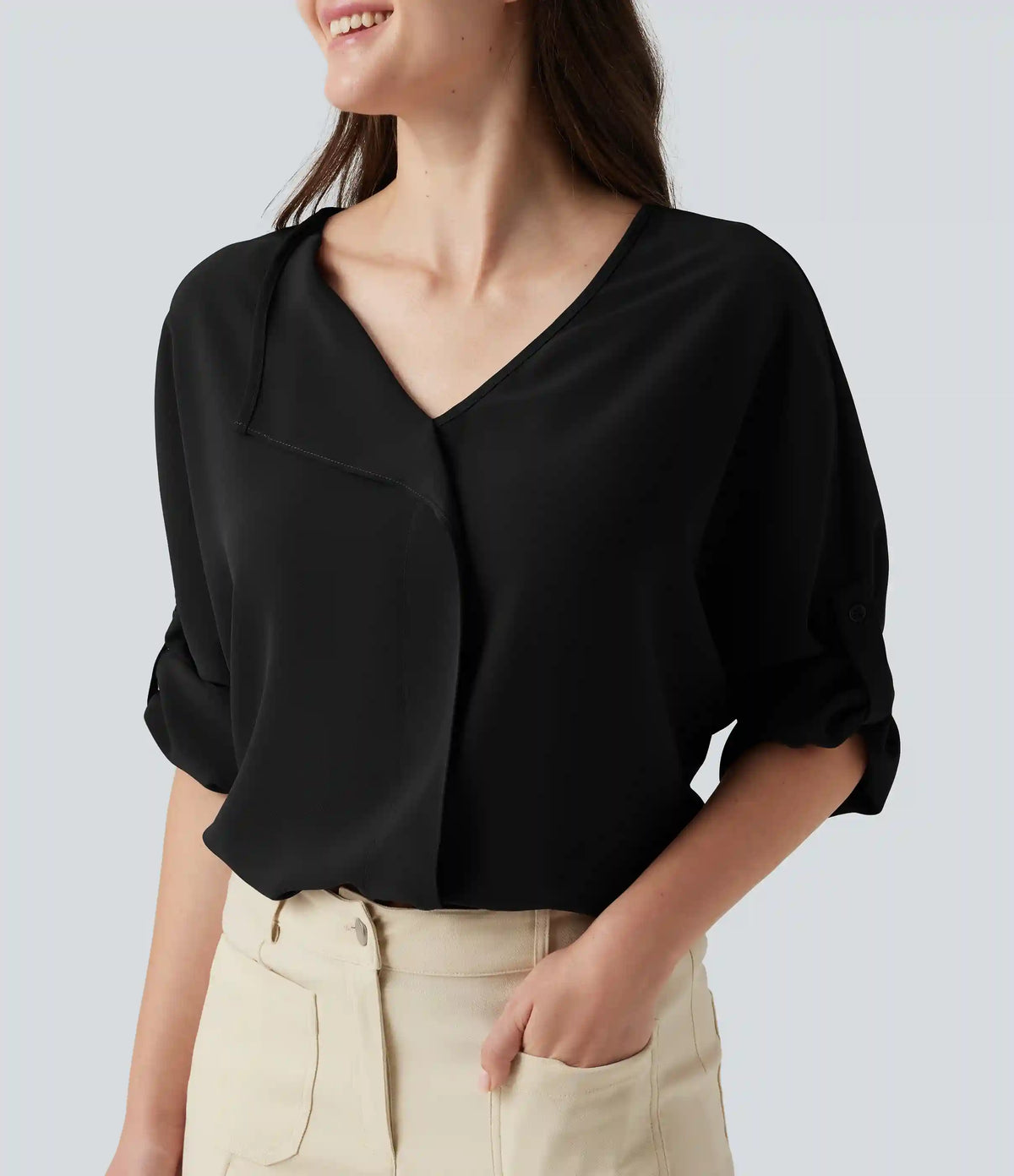 V Neck Long Sleeve Asymmetric Relaxed Work Blouse
