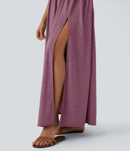 Twisted Backless Split Flowy Maxi Resort Dress with Pockets