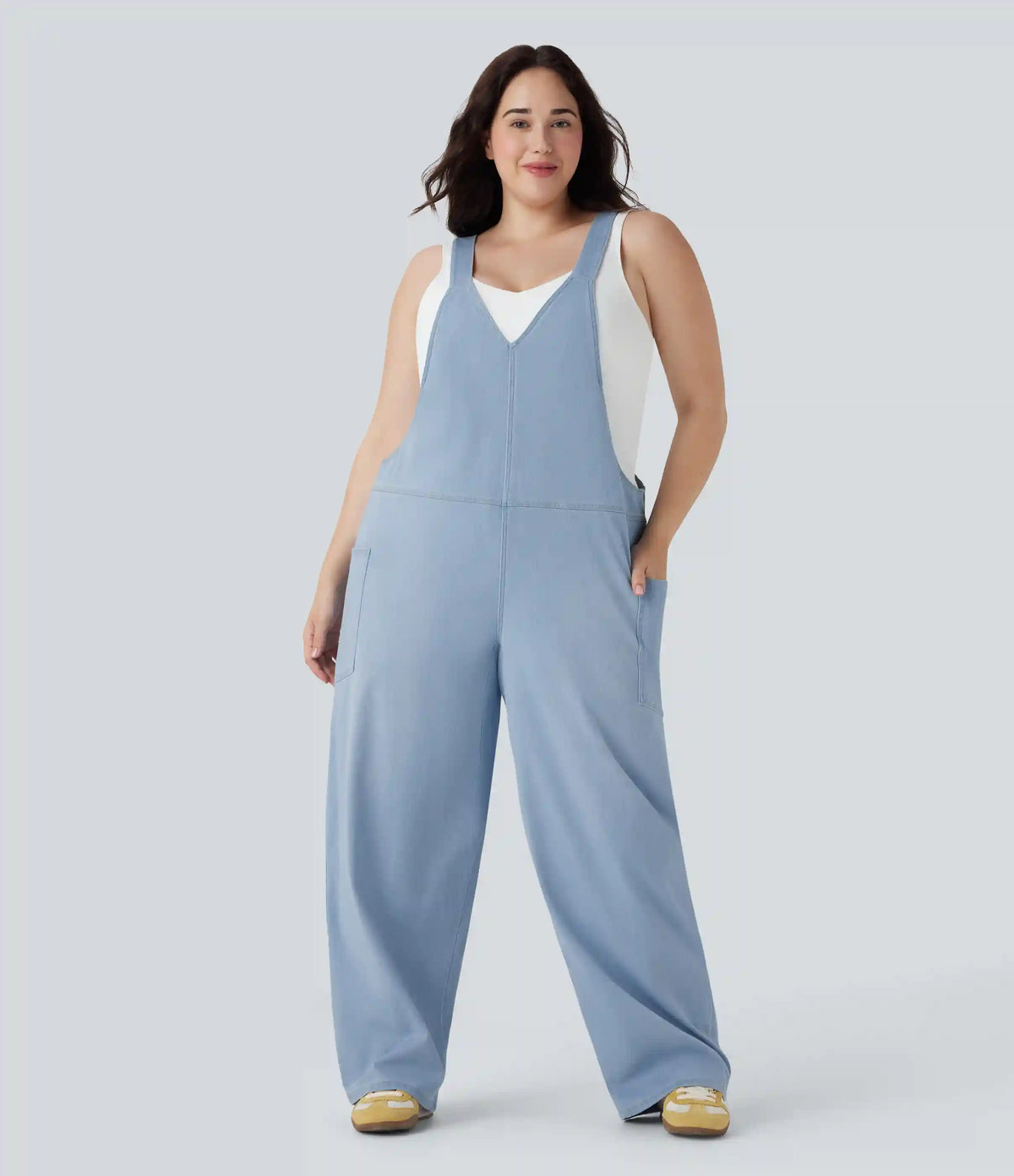 Halara Flex™ V Neck Washed Denim Casual Plus Size Overalls with Pockets