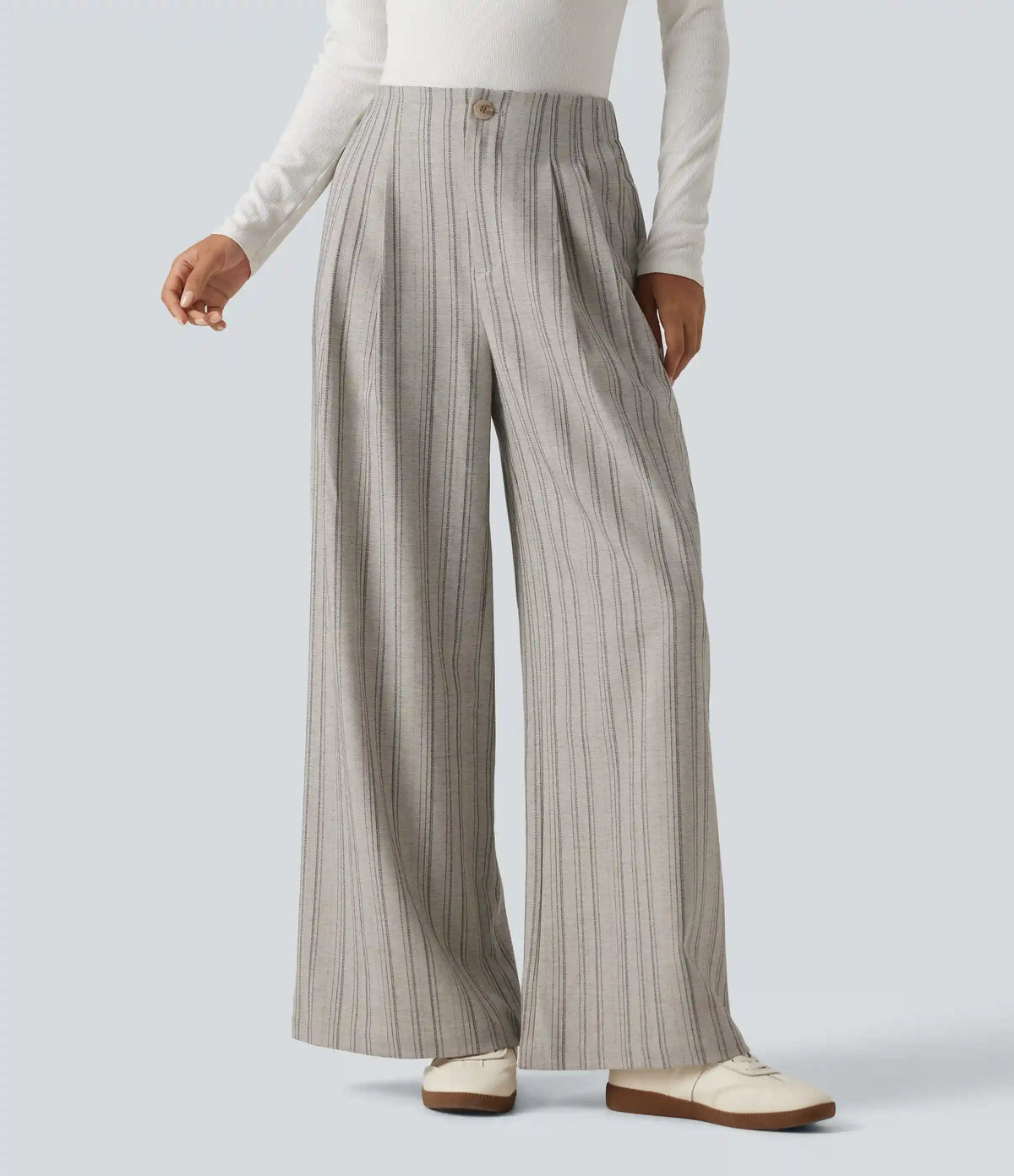 High Waisted Baggy Stripe Casual Linen-Feel Pants with Pockets