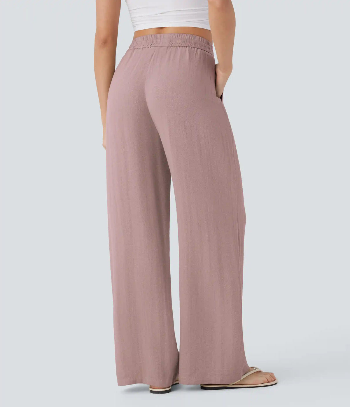 High Waisted Drawstring Pocket Wide Leg Baggy Casual Linen-Feel Pants