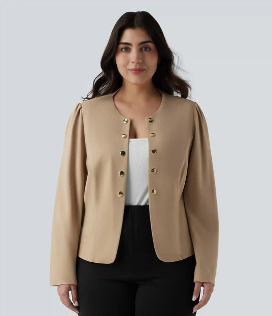 Plus Size Round Neck Long Sleeve Slim Work Blazer
