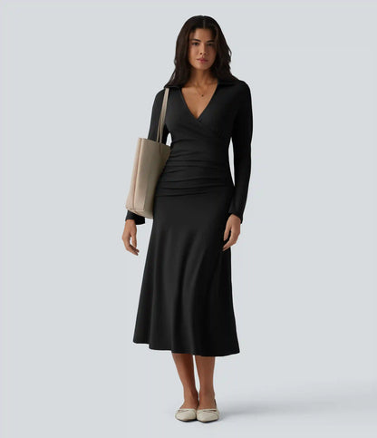 V Neck Long Sleeve Ruched Midi Casual Dress