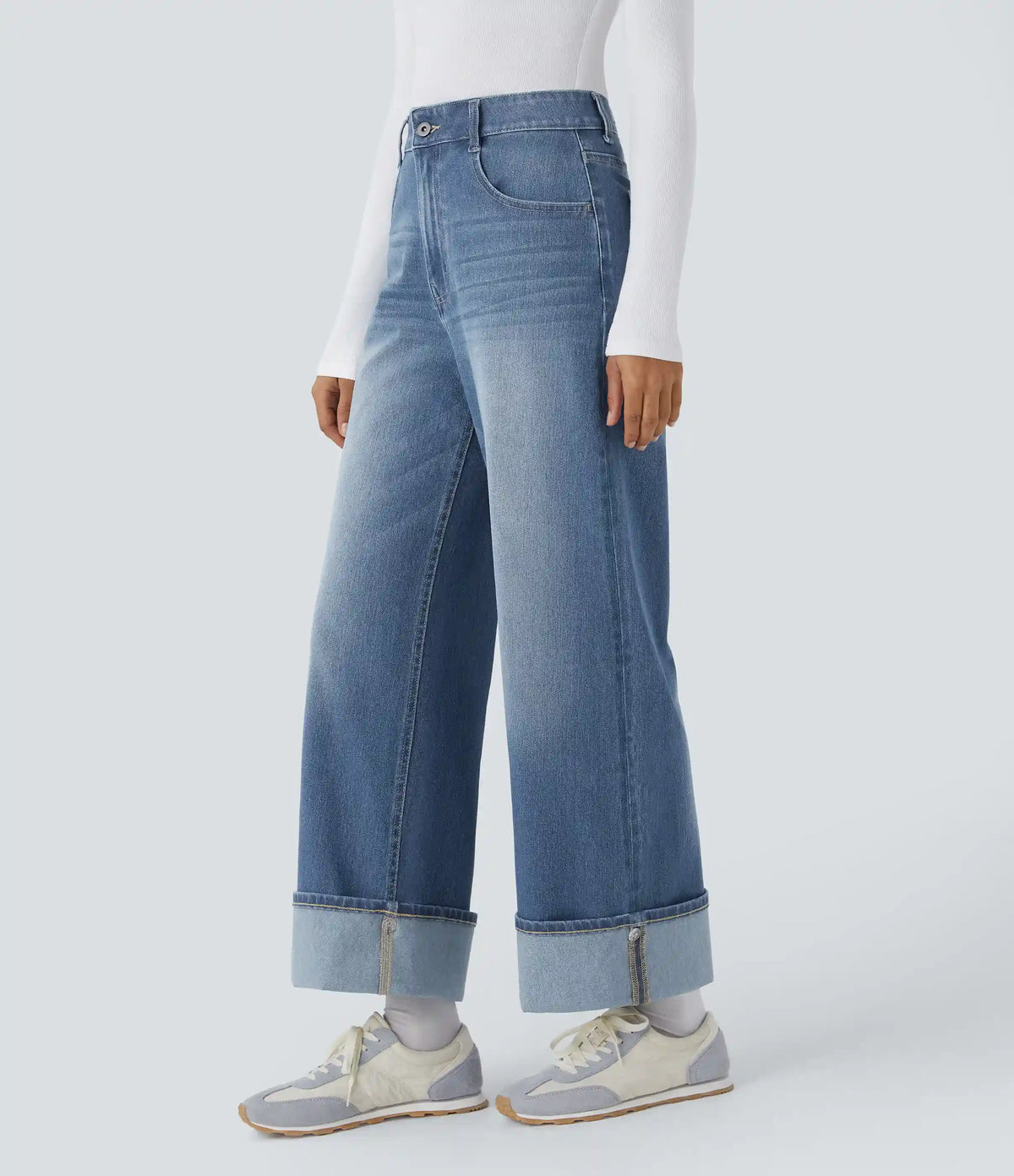 Halara Flex™ High Waisted Pockets Adjustable Hem Wide Leg Washed Casual Jeans