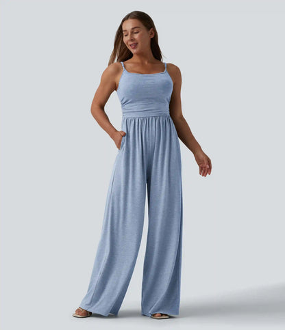 Adjustable Straps Ruched Wide Leg Heathered Casual Jumpsuit with Pockets-Easy Peezy