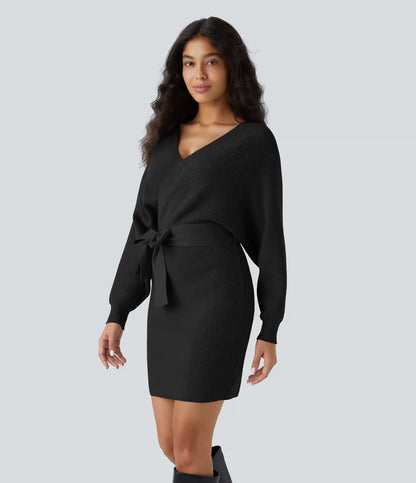 Crossover V Neck Batwing Long Sleeve Belted Mini Casual Sweater Dress