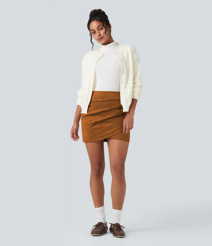 High Waisted Ruched Crossover Hem Bodycon Mini Suede Casual Skirt