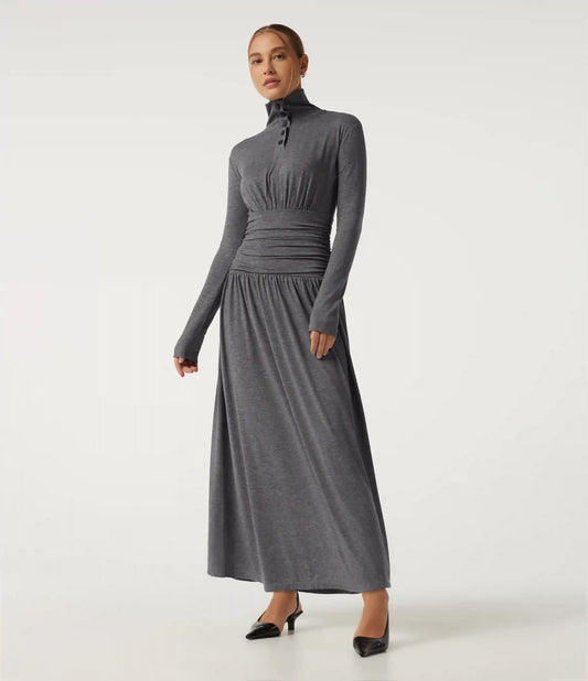 Polo Long Sleeve Thumb Hole Ruched A-Line Casual Maxi Dress
