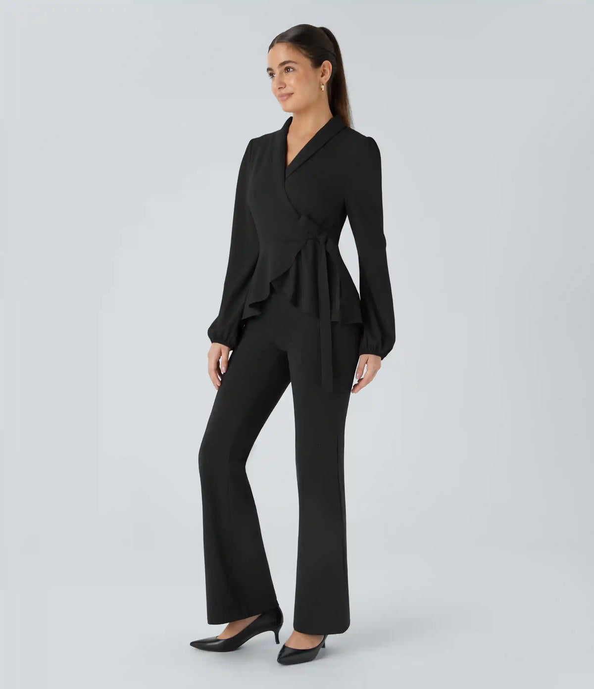 Shawl Collar Wrapped Tie Side Ruffle Hem Work Blouse