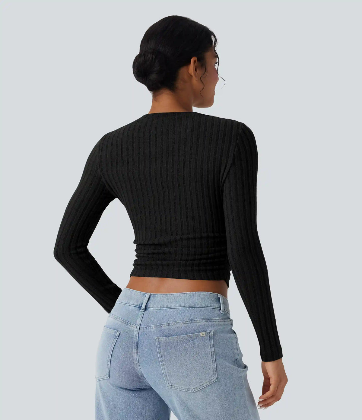 Ribbed Knit Long Sleeve Cropped Casual Top