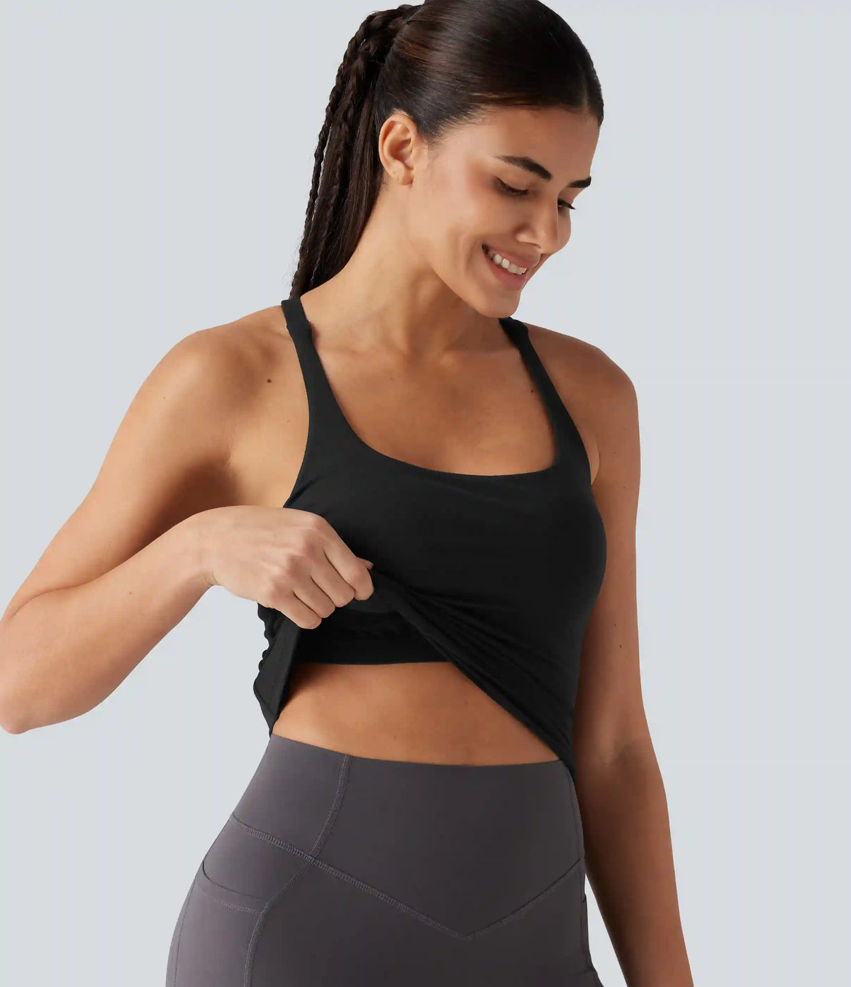 Crisscross Backless Built-in Bra Running Tank Top-Longer Length A-D Cups