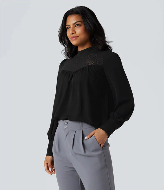 Mock Neck Long Sleeve Contrast Lace Work Shirt