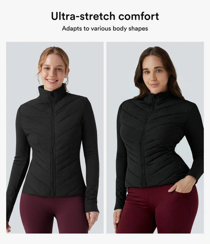 PuffFlex Stand Collar Zipper Long Sleeve Running Quilted Jacket with Pockets