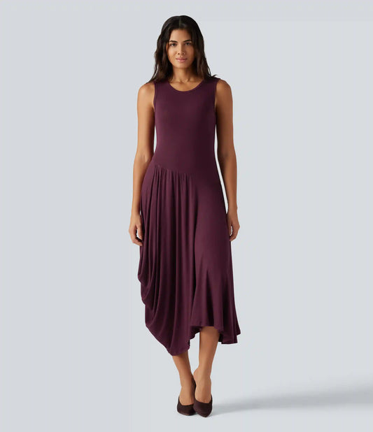 Ribbed Round Neck Sleeveless Asymmetric Flowy Midi Casual Dress