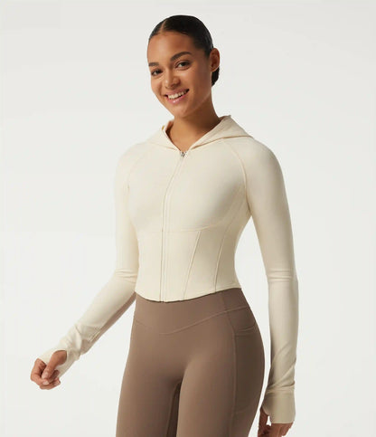 Hooded Long Sleeve Workout Jacket with Thumb Hole