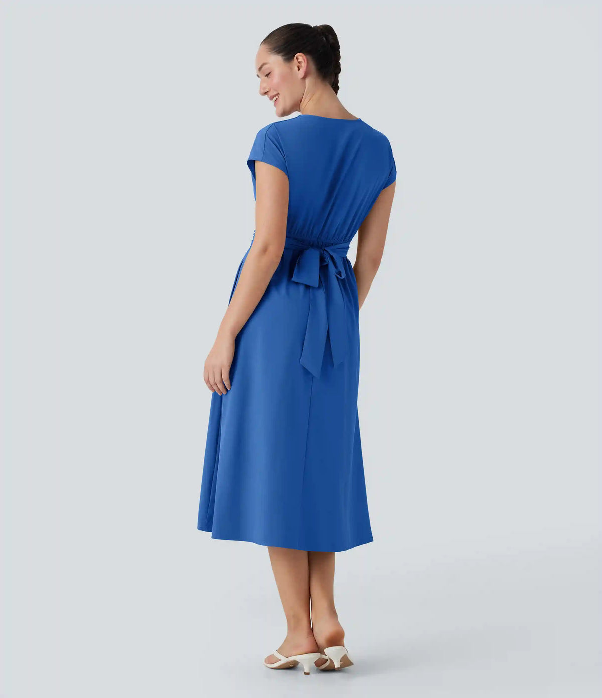 Breezeful™ V Neck Short Sleeve Pocket Tie Back Quick Dry Midi Casual Dress
