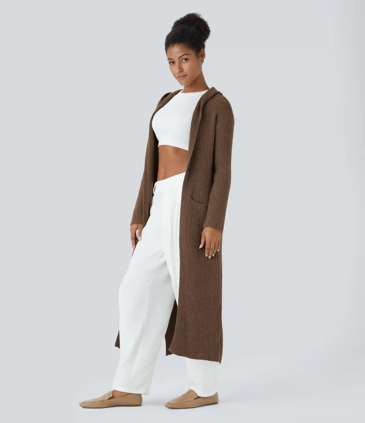Hooded Long Sleeve Pocket Longline Casual Cardigan