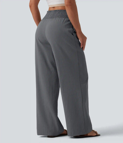 Shirred High Waisted Linen-Feel Casual Wide Leg Pants with Pockets