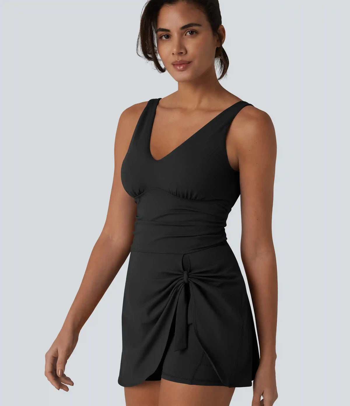 SoftlyZero™ Plush V Neck Built-in Bra Tie Side 2-in-1 Mini Yoga Active Dress with Pockets-Easy Peezy Edition