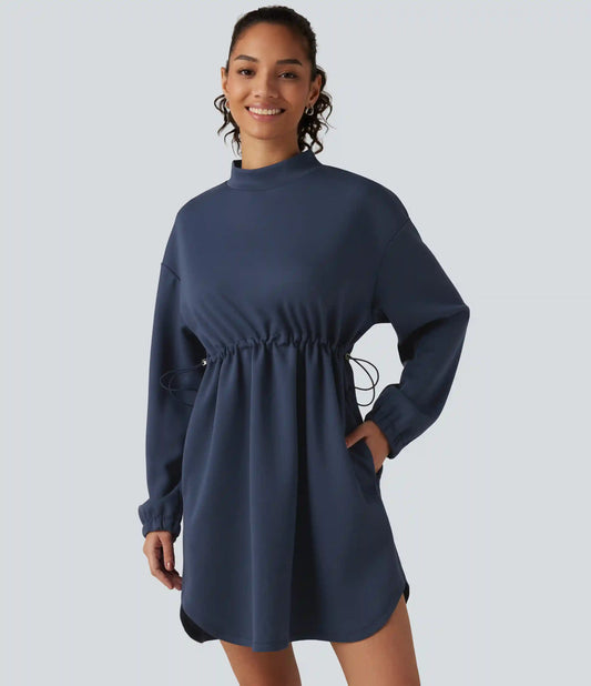 Mock Neck Drawstring Long Sleeve Mini Casual Dress with Pockets