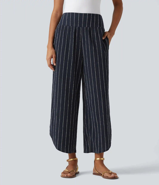 High Waisted Curved Hem Stripe Casual Pants with Pockets