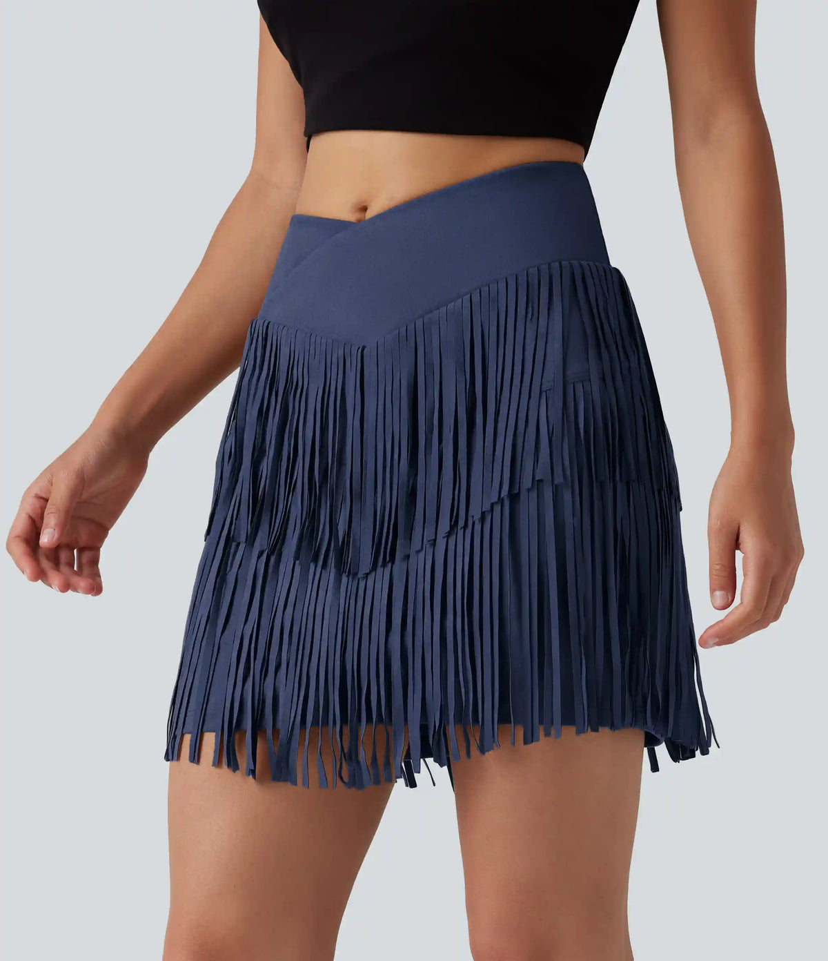 Crossover High Waisted 2-in-1 Fringe Hem Bodycon Mini Suede Party Skirt-Longer Length