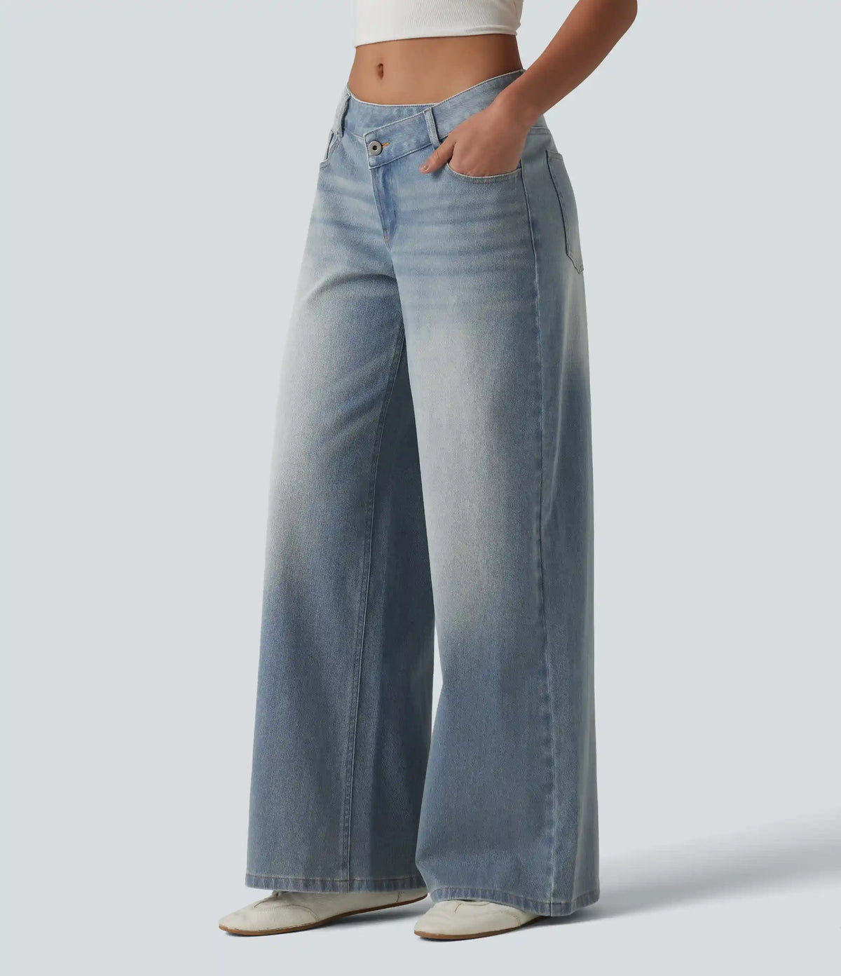 Halara Flex™ Asymmetric Low Rise Zipper Pockets Baggy Wide Leg Washed Casual Jeans