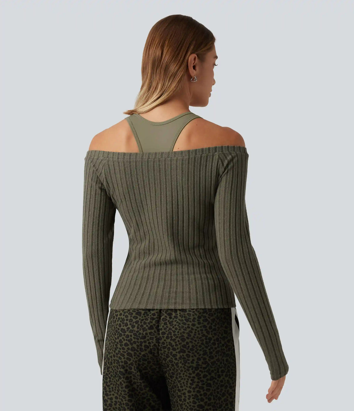 2-Piece Set Off-Shoulder Ribbed Long Sleeve Lounge Top with Built-in Bra