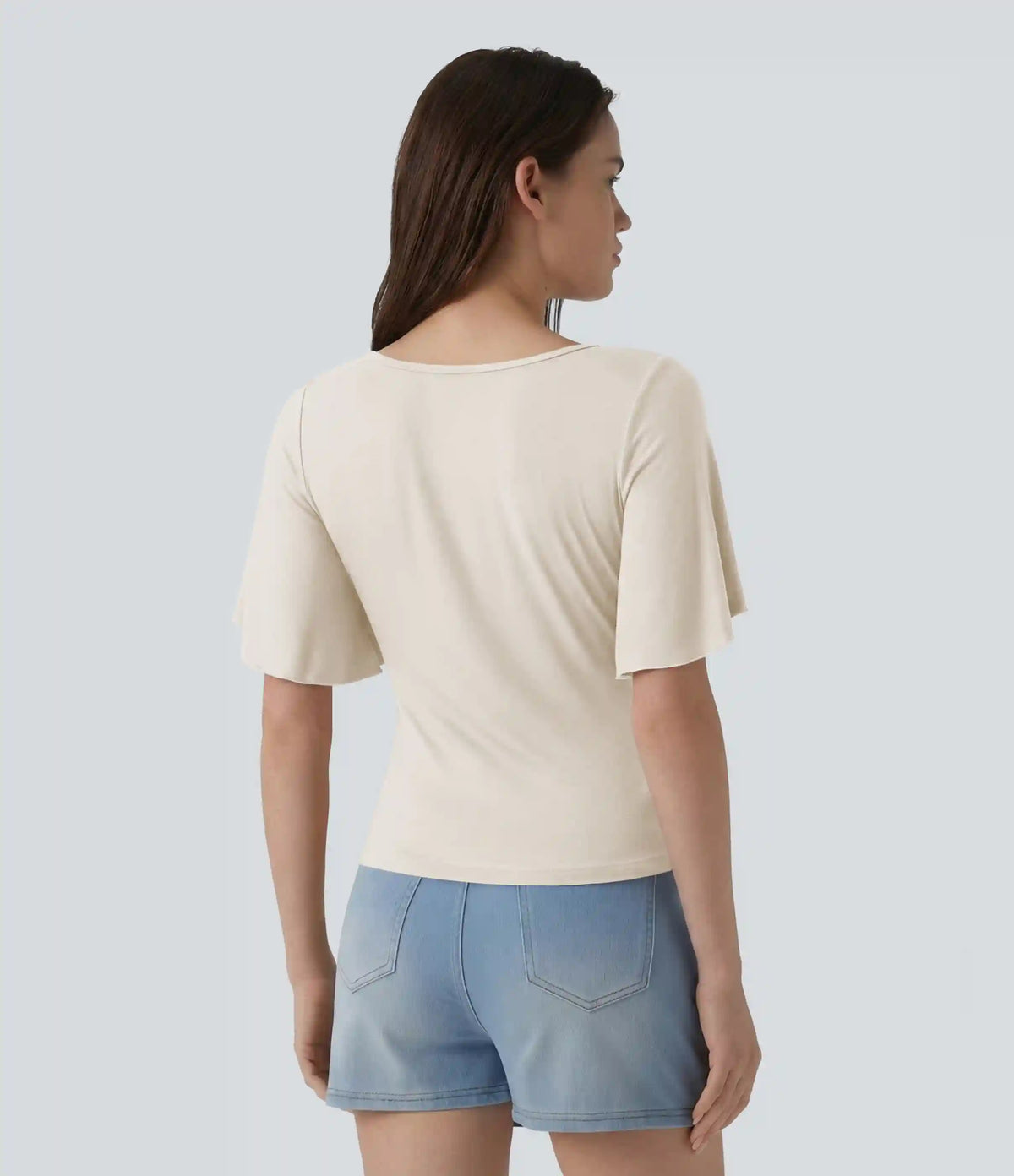 Ribbed Square Neck Butterfly Sleeve Ruched Casual T-Shirt