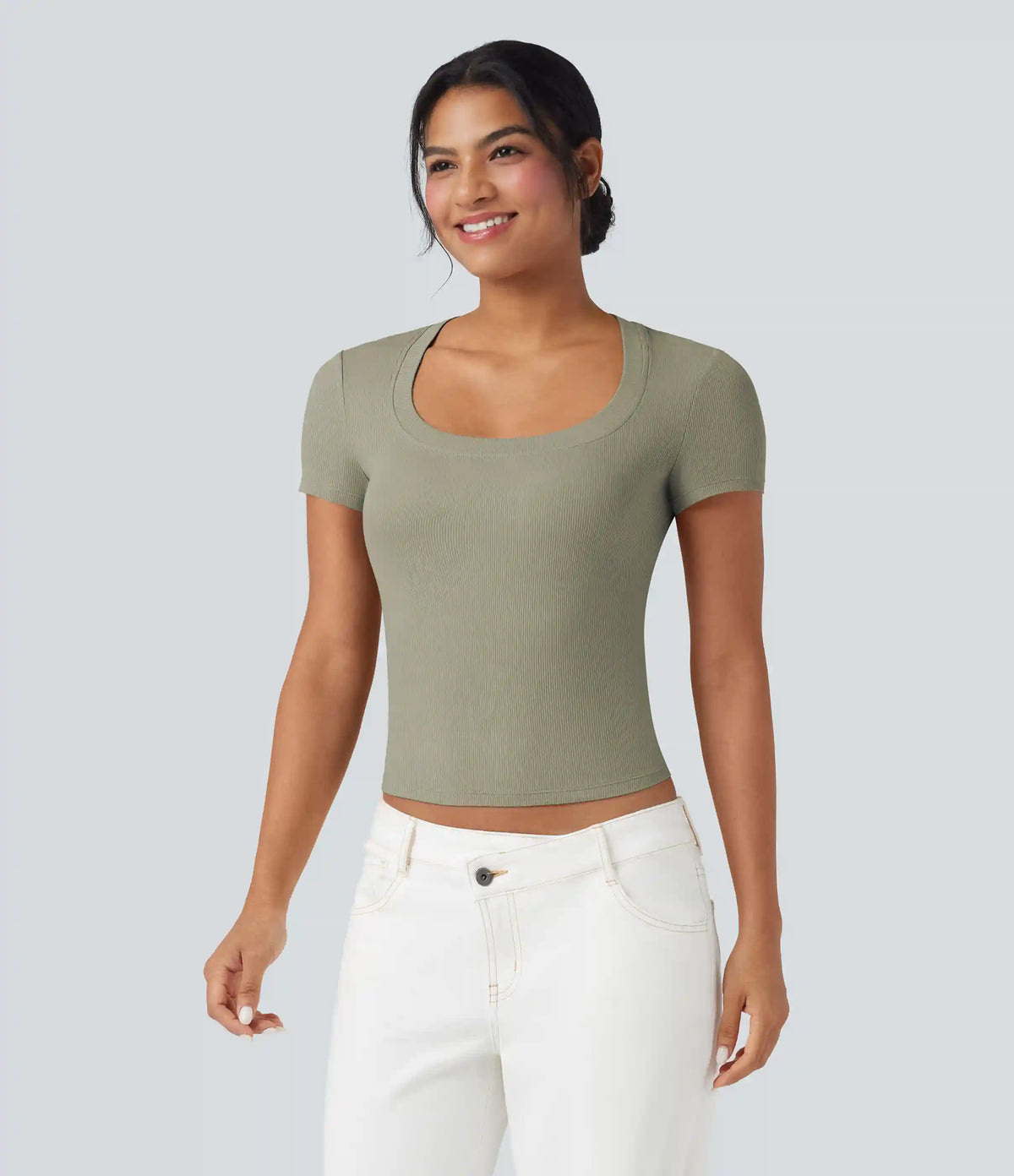 Ribbed Knit Short Sleeve Casual T-Shirt