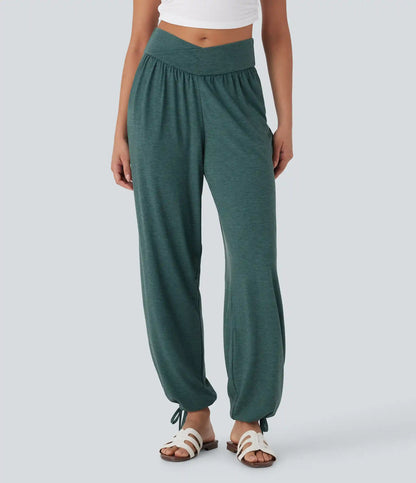 Crossover High Waisted Pocket Drawstring Casual Joggers