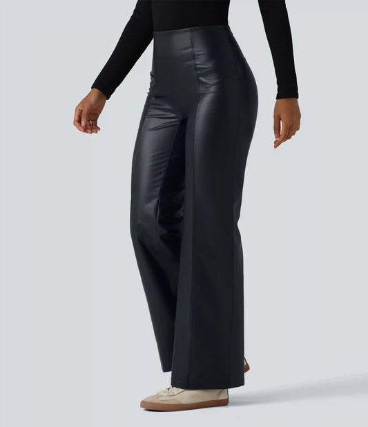 High Waisted Tummy Control Stretchy PU Casual Flare Pants with Pockets