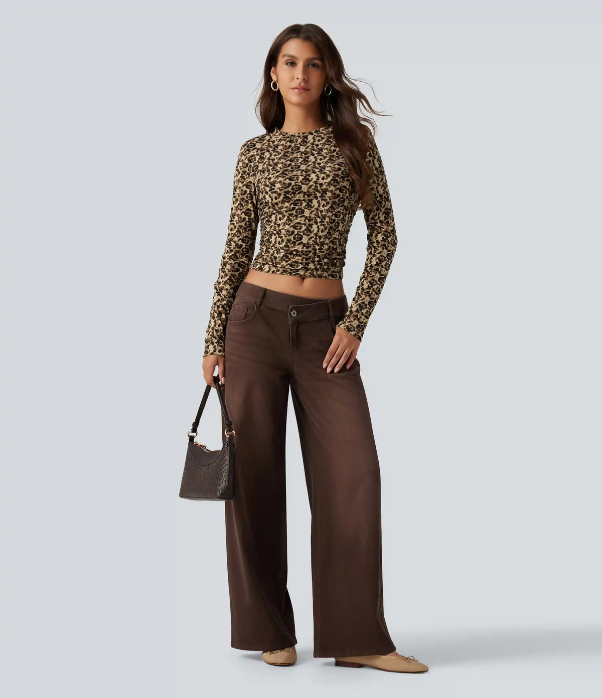 Round Neck Leopard Print Long Sleeve Ruched Casual Top