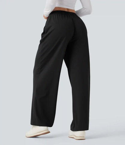 Mid Rise Drawstring Straight Leg Waffle Knit Yoga Pants with Pockets