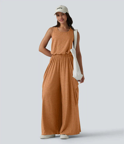 Sleeveless Cut Out Wide Leg Casual Jumpsuit with Pockets-Easy Peezy Edition