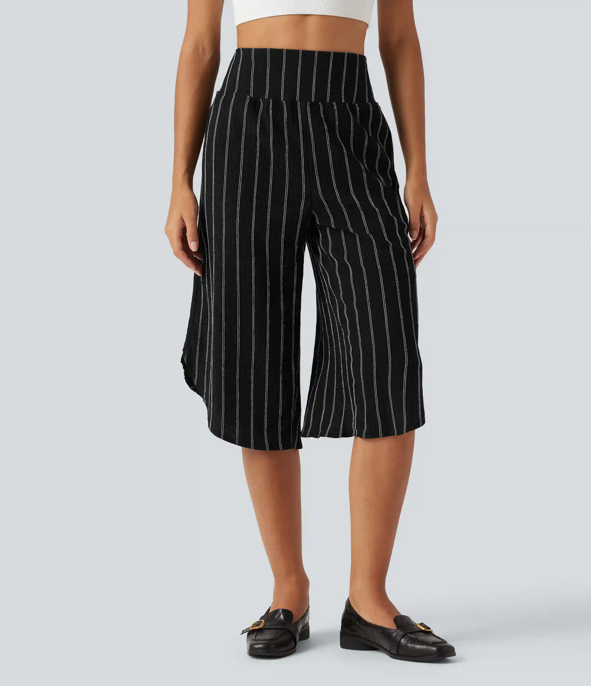 High Waisted Curved Hem Stripe Capri Casual Pants with Pockets