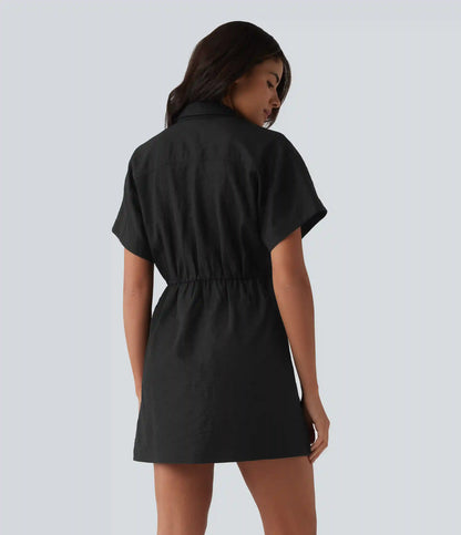 Short Sleeve Mini Work Shirt Dress with Pocket