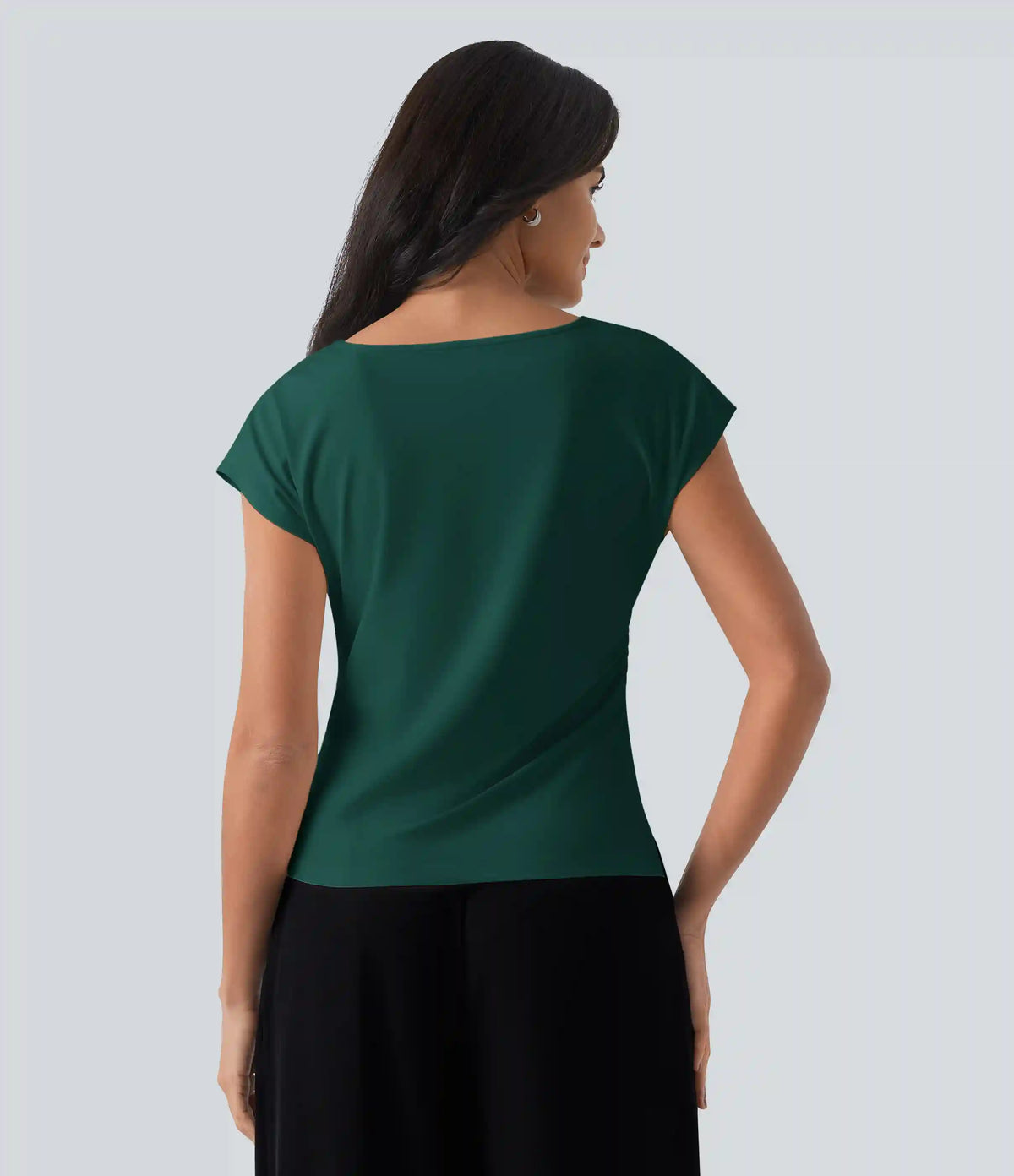 Asymmetric Cowl Neck Short Sleeve Ruched Split Hem Work Blouse