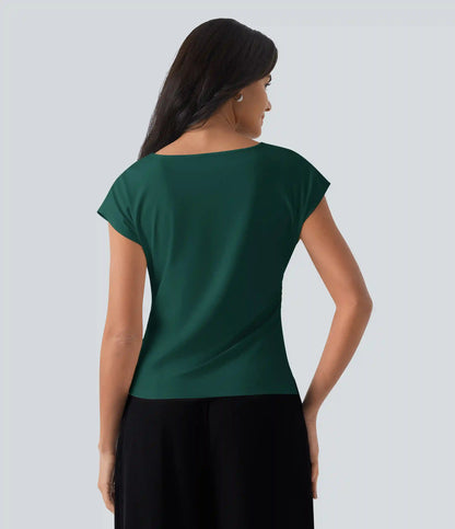 Asymmetric Cowl Neck Short Sleeve Ruched Split Hem Work Blouse