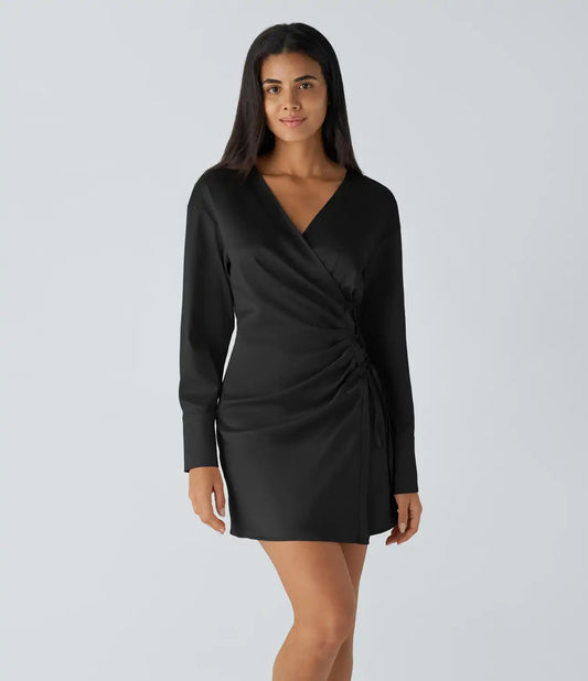 V Neck Long Sleeve Wrapped Lace Up Button Ruched Mini Satin Casual Shirt Dress