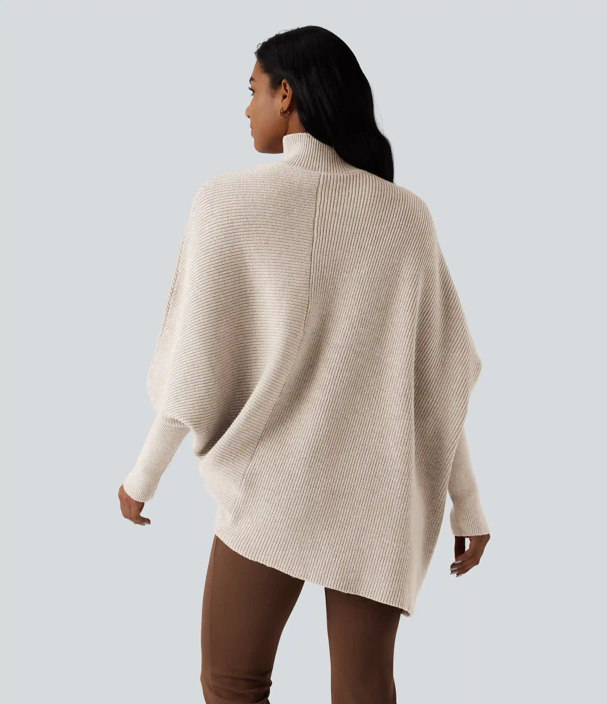High Neck Batwing Long Sleeve Asymmetric Hem Work Sweater