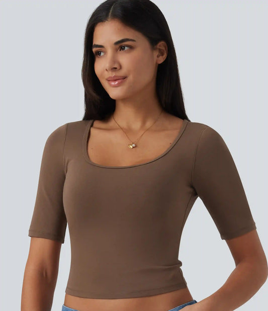 Halara Cotton Jersey U Neck Molded Spacer Casual T-Shirt
